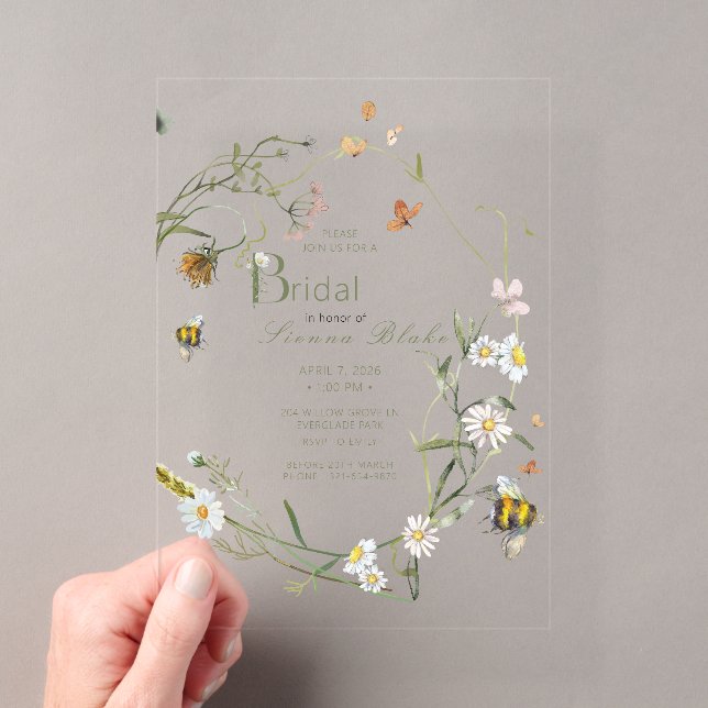 Boho Wildflower Bee Beige Bridal Shower Acrylic Invitations (Insitu (Handheld))
