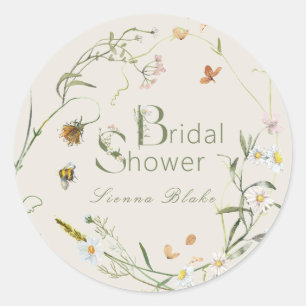 Boho Wildflower Bee Beige Bridal Shower Classic Round Sticker