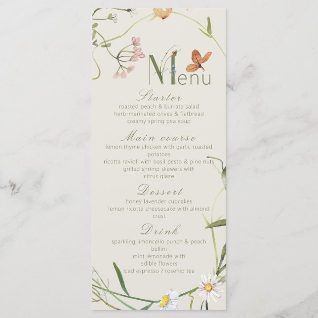 Boho Wildflower Bee Beige Bridal Shower Menu (Front)
