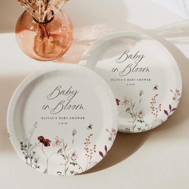 Boho Wildflower Bees Floral Baby Shower Paper Plate (Boho Wildflower Baby Shower Plates - Wildflowers and Bees - Floral Baby Shower Decor)