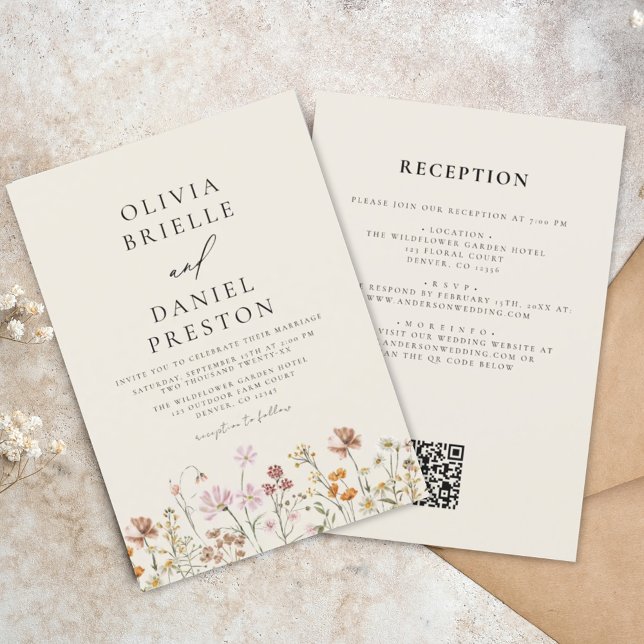 Boho Wildflower Beige All in One QR Code Wedding Invitation (Creator Uploaded)