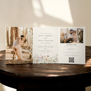 Boho Wildflower Beige All in One QR Code Wedding  Tri-Fold Invitation