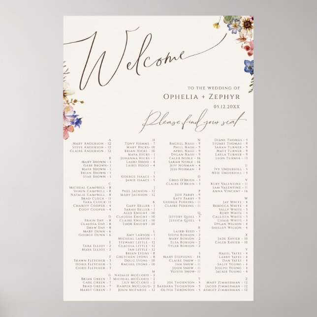 Boho Wildflower | Beige Alphabetical Seating Chart (Front)