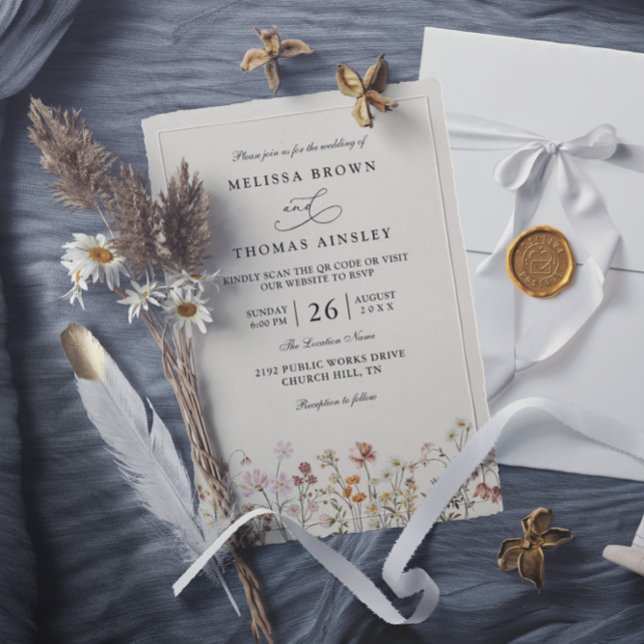 Boho Wildflower Beige Elegant QR Code Wedding Invitation (Creator Uploaded)