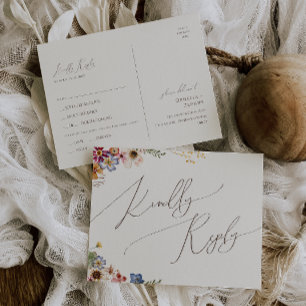Boho Wildflower Beige Menu Choice RSVP Postcard