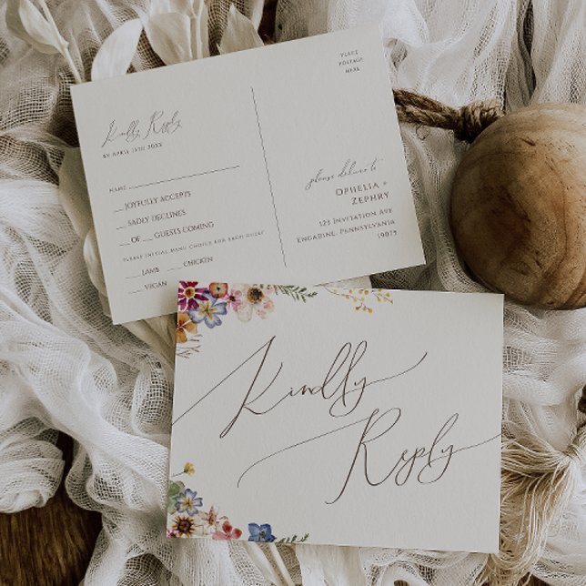 Boho Wildflower | Beige Menu Choice RSVP Postcard (Creator Uploaded)