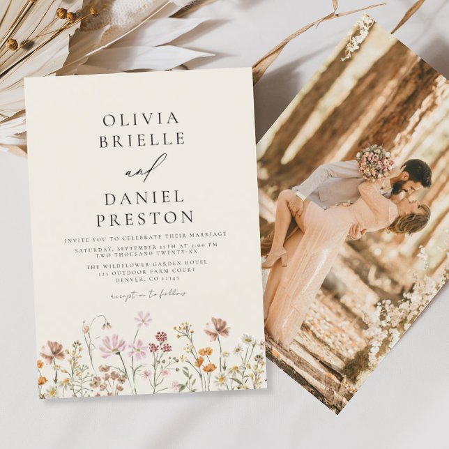Boho Wildflower Beige Photo Garden Wedding Invitation (Creator Uploaded)