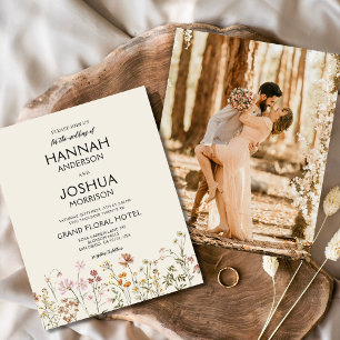 Boho Wildflower Beige Photo Wedding Invitation Flyer