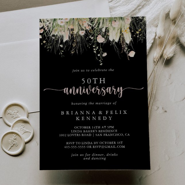 Boho Wildflower Black 50th Wedding Anniversary  Invitation (Creator Uploaded)