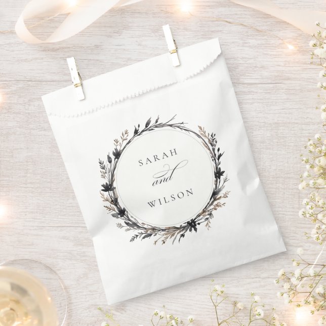 Boho Wildflower Black Brown Fall Wreath Wedding Favour Bag (Clipped)