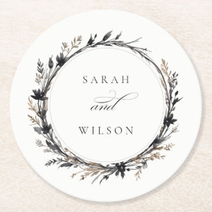 Boho Wildflower Black Brown Fall Wreath Wedding Round Paper Coaster