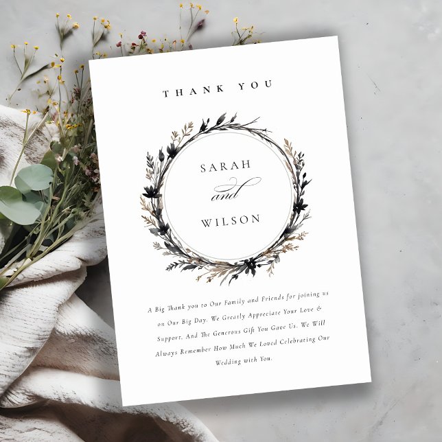 Boho Wildflower Black Brown Fall Wreath Wedding Thank You Card (Creator Uploaded)