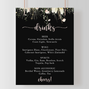 Boho Wildflower Black Wedding Drinks Menu  Poster