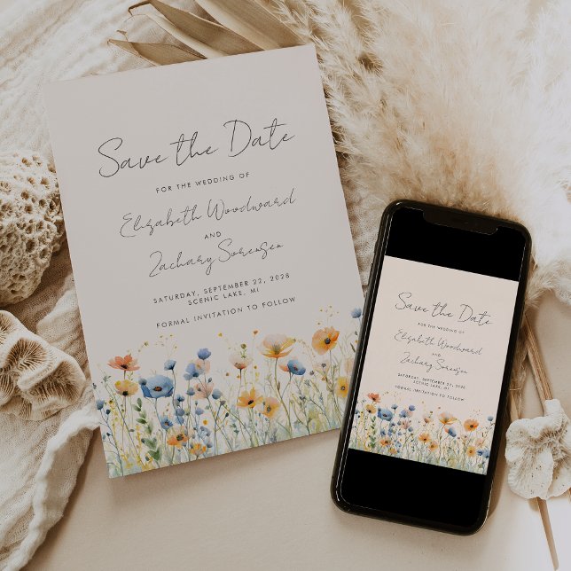 Boho Wildflower Border Orange Blue Blush Wedding Save The Date (Creator Uploaded)