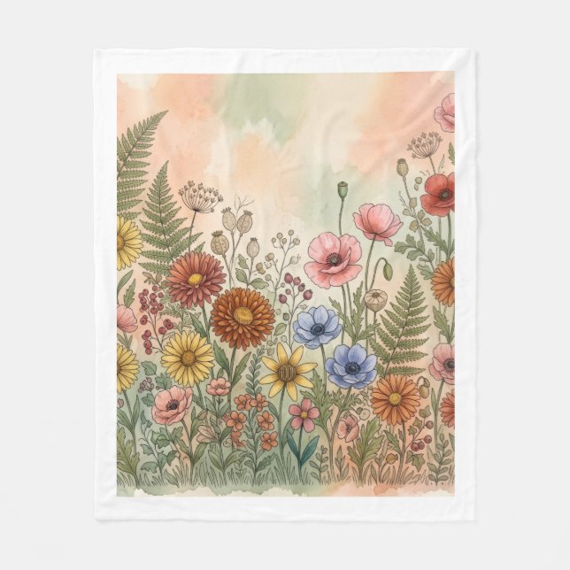 Boho Wildflower Botanical Pattern Fleece Blanket (Front)