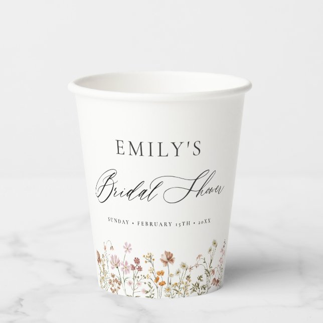 Boho Wildflower Bridal Shower Garden Script Paper Cups (Front)