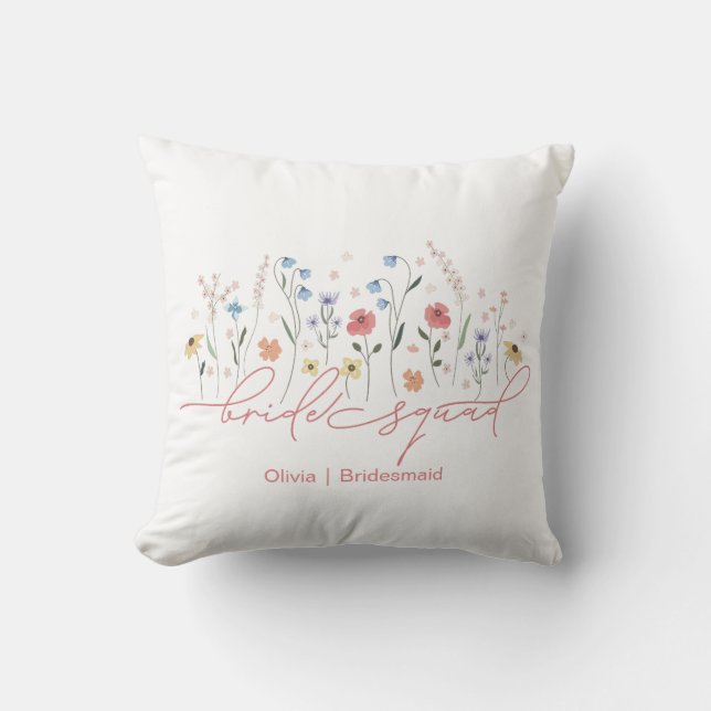Boho Wildflower Bride Squad Throw Pillow (Front)