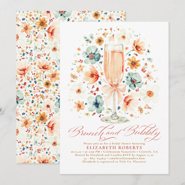 Boho Wildflower Brunch and Bubbly Bridal Shower Invitation (Front/Back)