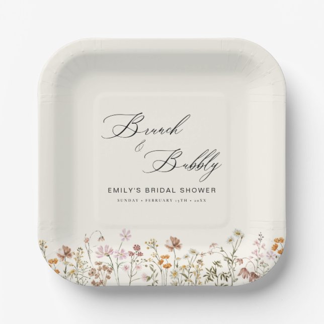 Boho Wildflower Brunch & Bubbly  Bridal Shower Paper Plate (Front)