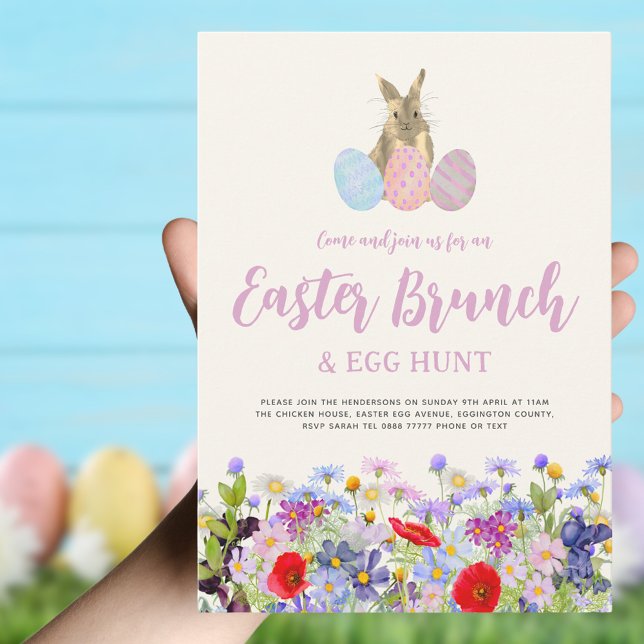Boho Wildflower Bunny Easter Brunch and Egg Hunt Invitation (Boho wildflower easter brunch and egg hunt invitation)