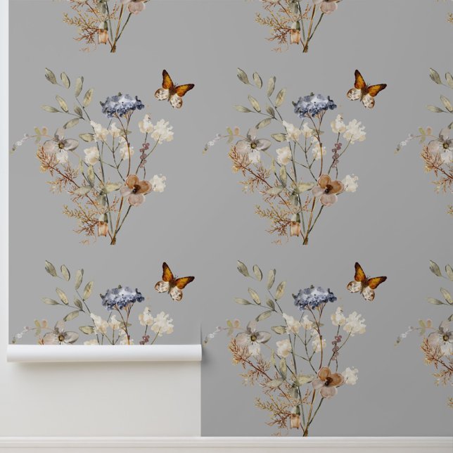 Boho Wildflower Butterfly Floral  Wallpaper (Boho Wildflower Floral Butterfly Wallpaper, Living Room Decor, Grey Wallpaper, New House)