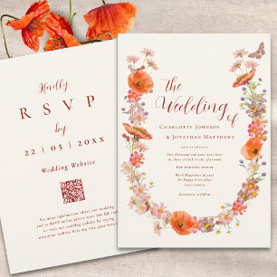 Boho Wildflower Butterfly Wedding QR Code Invitation