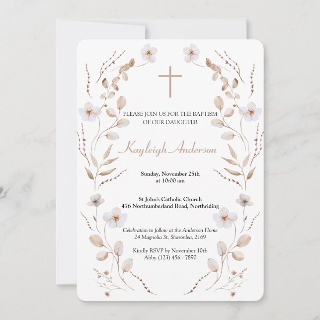 Boho Wildflower Catholic Baptism Invitation (Front)