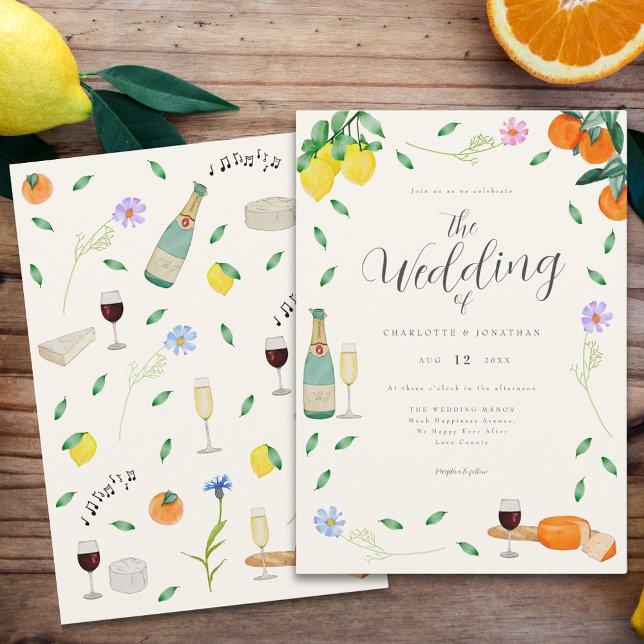 Boho Wildflower Citrus Summer Wedding  Invitation (Elegant boho wildflower lemon and orange wedding invitation )