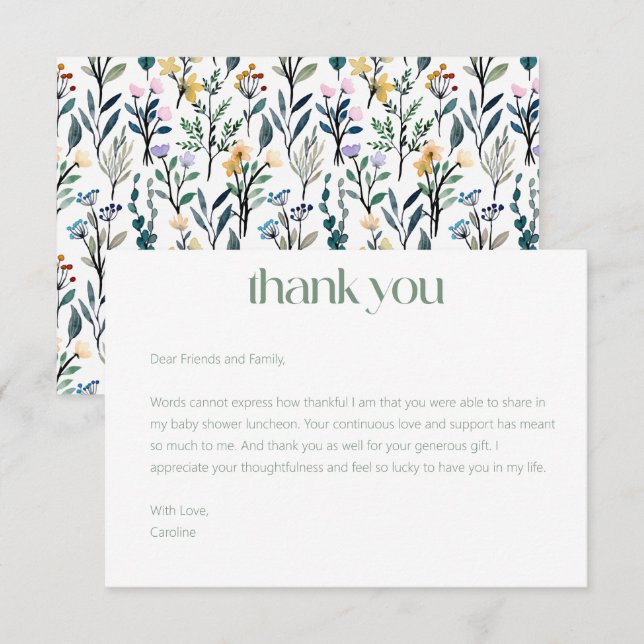 Boho Wildflower Custom Message Bridal Shower  Thank You Card (Front/Back)