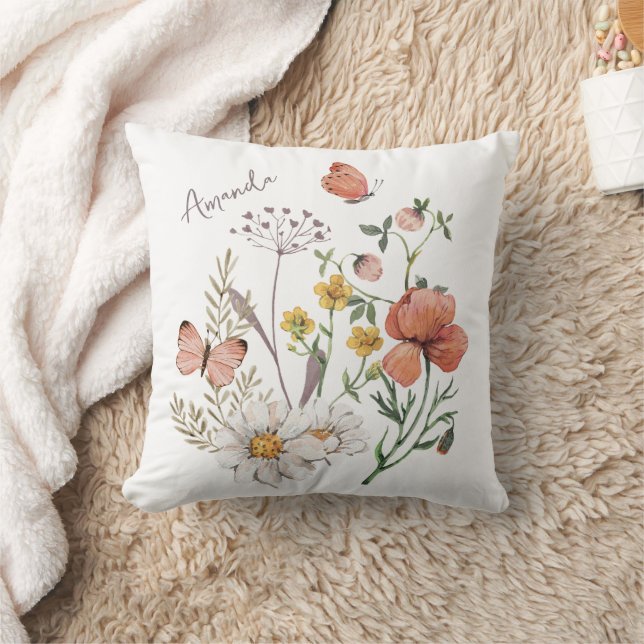 Boho Wildflower Custom Name Throw Pillow (Blanket)