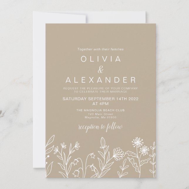Boho wildflower earthy tan wedding invitation (Front)