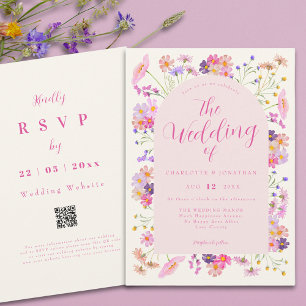 Boho Wildflower Elegant Pink QR Code Wedding Invitation