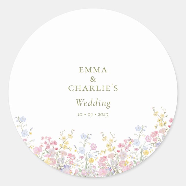 Boho Wildflower Elegant Wedding Classic Round Sticker (Front)