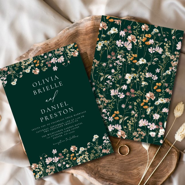 Boho Wildflower Emerald Green Garden Wedding Invitation (Creator Uploaded)