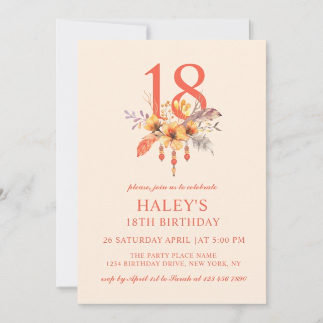 Boho Wildflower Fall Autumn Floral 18th Birthday Invitation (Front)