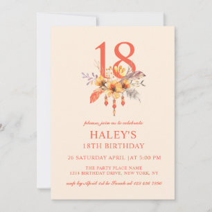 Boho Wildflower Fall Autumn Floral 18th Birthday Invitation