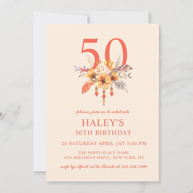 Boho Wildflower Fall Autumn Floral 50TH Birthday Invitation (Front)