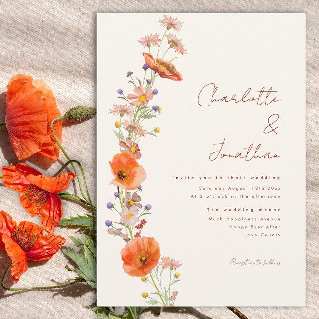 Boho Wildflower Fall Wedding Invitation (Simple wildflowers wedding invitation in earthy tones)