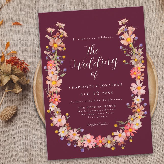 Boho Wildflower Fall Wedding Invitation (Boho rustic floral fall wedding Invitation burgundy ivory cream elegant script watercolor wildflower)