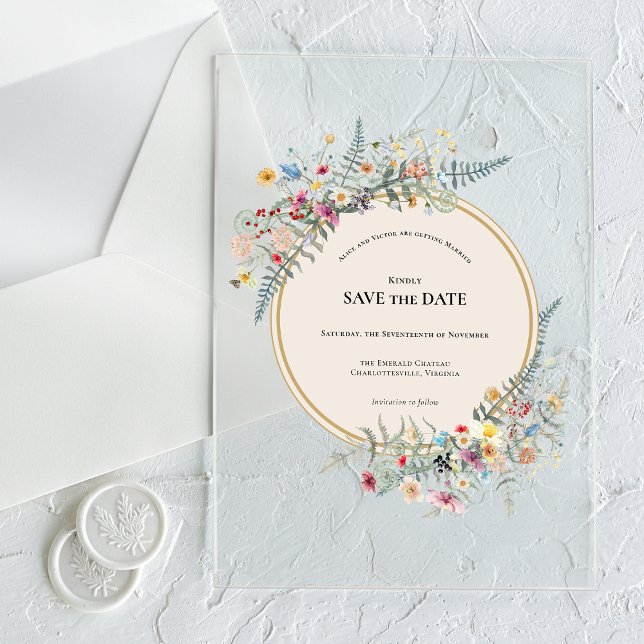 Boho Wildflower Fern Beige Save the Date Acrylic Invitations (Creator Uploaded)