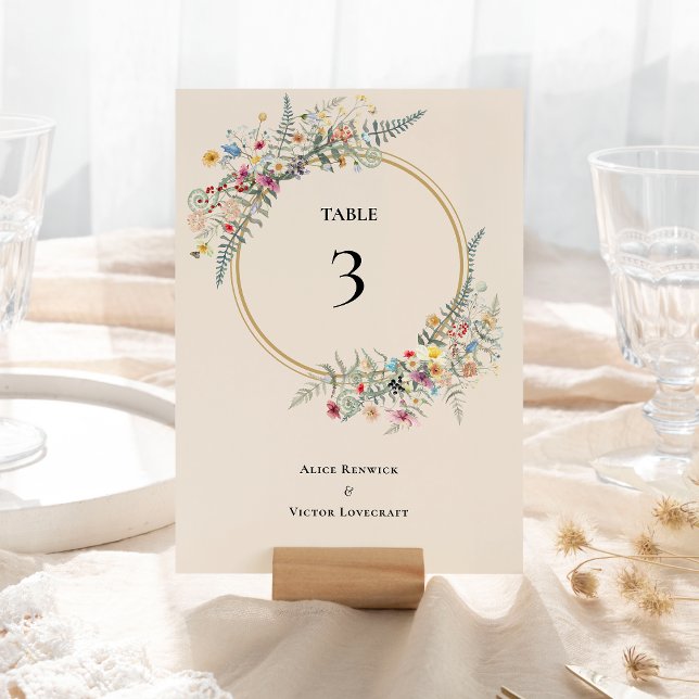 Boho Wildflower Fern Beige Wedding Table Number (Creator Uploaded)