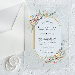 Boho Wildflower Fern Dusty Blue Bridal Brunch Acrylic Invitations