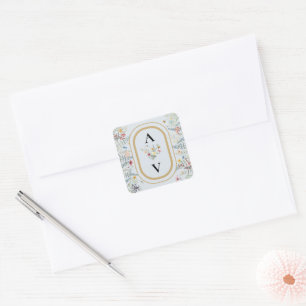 Boho Wildflower Fern Dusty Blue Monogram Favour Square Sticker