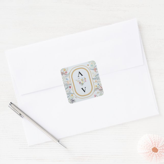 Boho Wildflower Fern Dusty Blue Monogram Favour Square Sticker (Envelope)