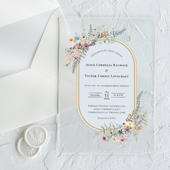 Boho Wildflower Fern Dusty Blue Wedding Acrylic Invitations (Creator Uploaded)