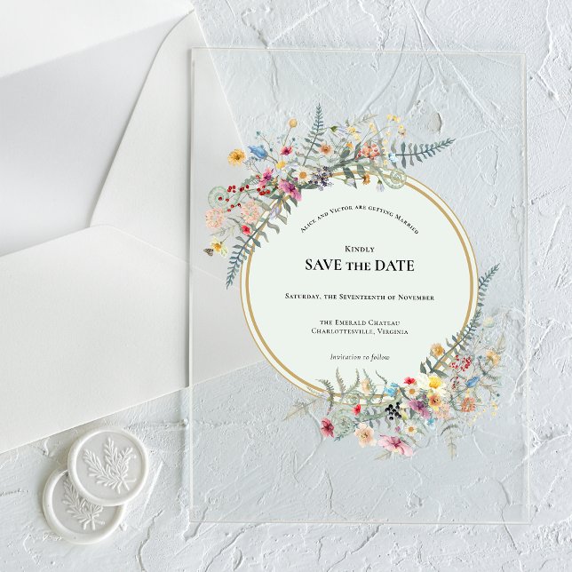 Boho Wildflower Fern Mint Green Save the Date Acrylic Invitations (Creator Uploaded)