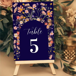 Boho Wildflower Floral Arch Navy Blue Wedding Table Number