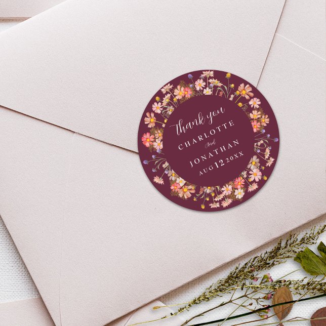Boho Wildflower Floral Burgundy Wedding Thank You Classic Round Sticker (Boho Wildflower floral ivory and burgundy Wedding custom thank you sticker watercolor flowers)