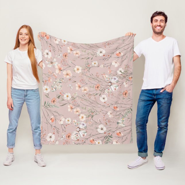Boho Wildflower Floral Butterfly Fleece Blanket (In Situ)