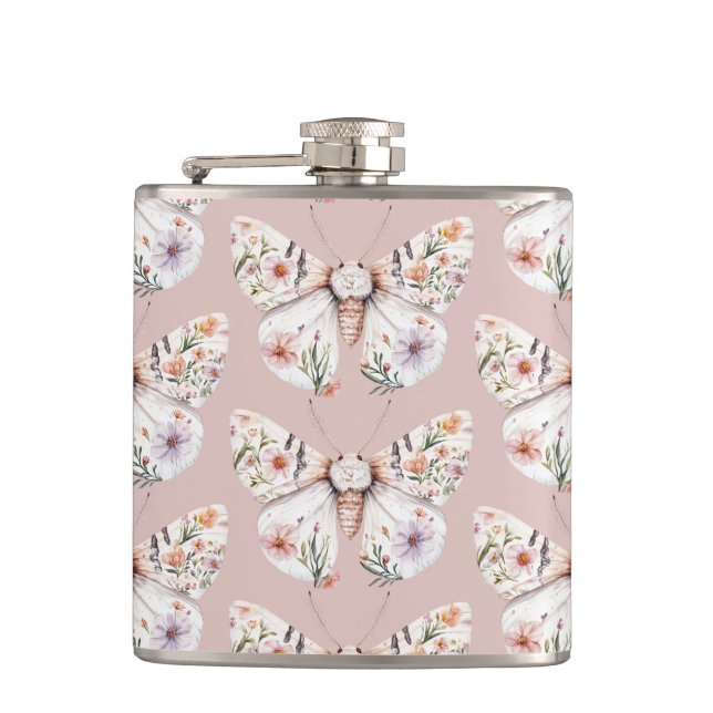 Boho Wildflower Floral Butterfly Hip Flask (Front)